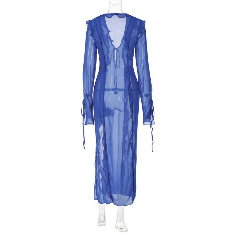 EDOLYNSA Rochii maxi sexy cu decolteu în V, cu volan, cu șnur, pentru femei, primăvară, vară, elegantă, cu despărțire laterală, rochie de plajă acoperită A1942