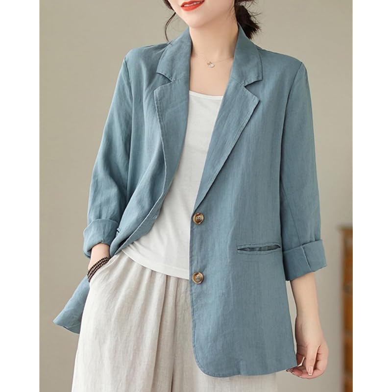[JHIJSC] ladies jacket spring formal tailored jacket cotton linen Thin Fashionable big size (JP, alphabet, XL, blue)