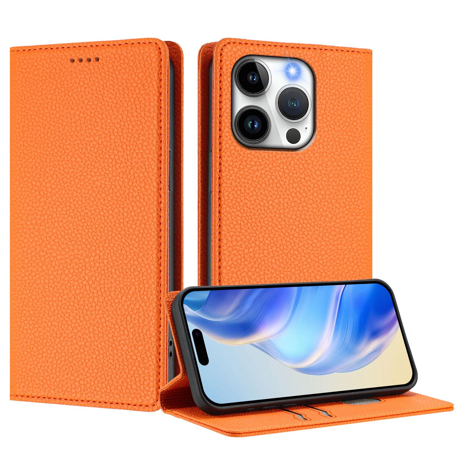 

For iPhone 15 Pro Wallet Case RFID Blocking Litchi Texture Leather Mobile Cover Orange
