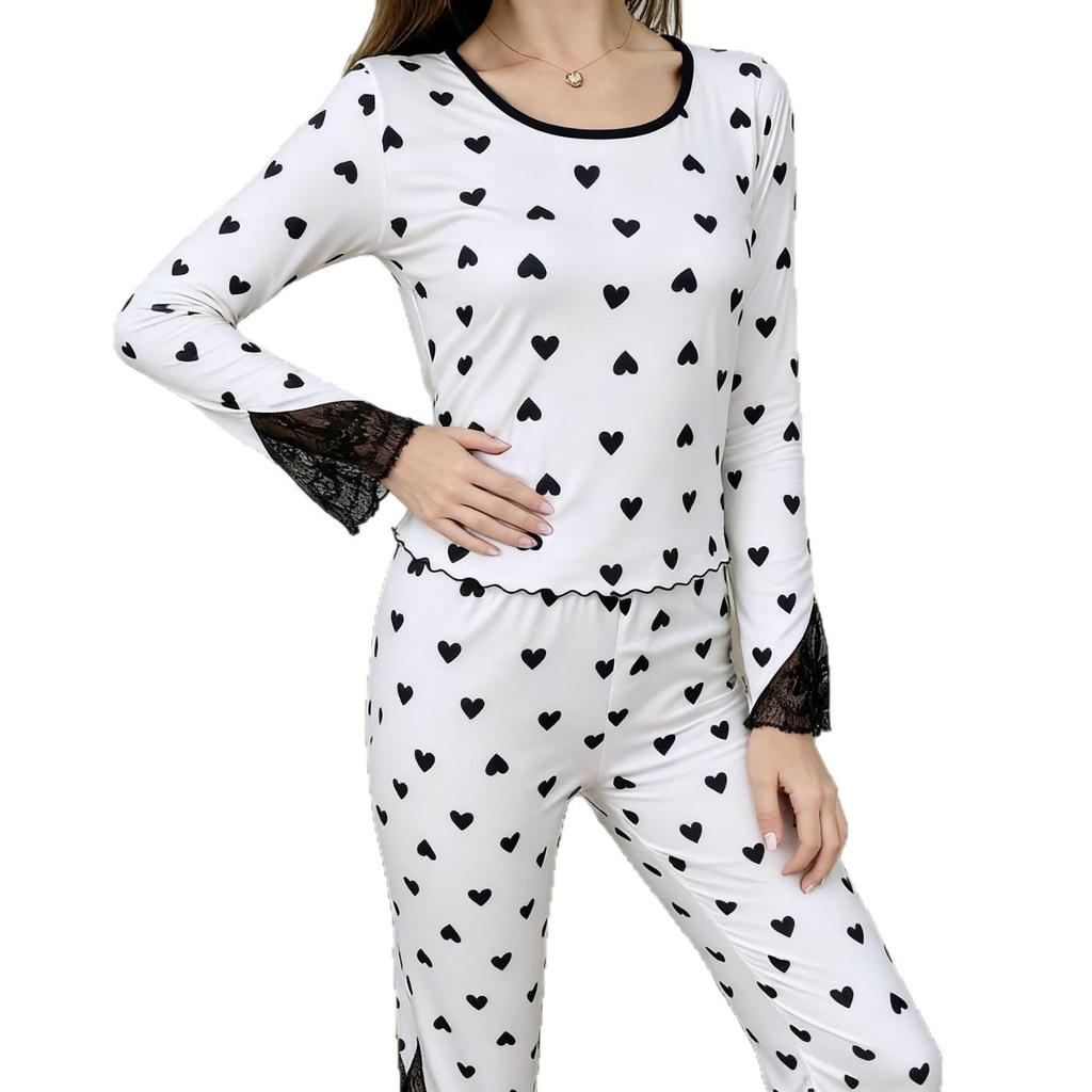 Women's Heart Print Pajama Set: Long Sleeve Top & Lace Trim Pants
