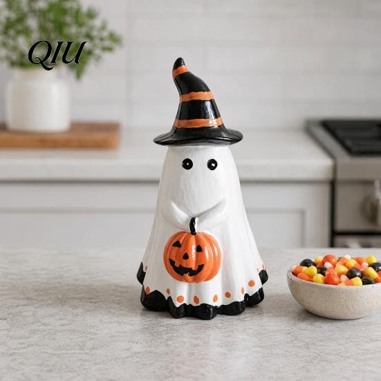 Halloween Ghost Decoration Figurine with Witch Hat, Cute Small Resin Smooth Texture Statue Holding Pumpkin for Home Table Shelf Desk Decor Seasonal