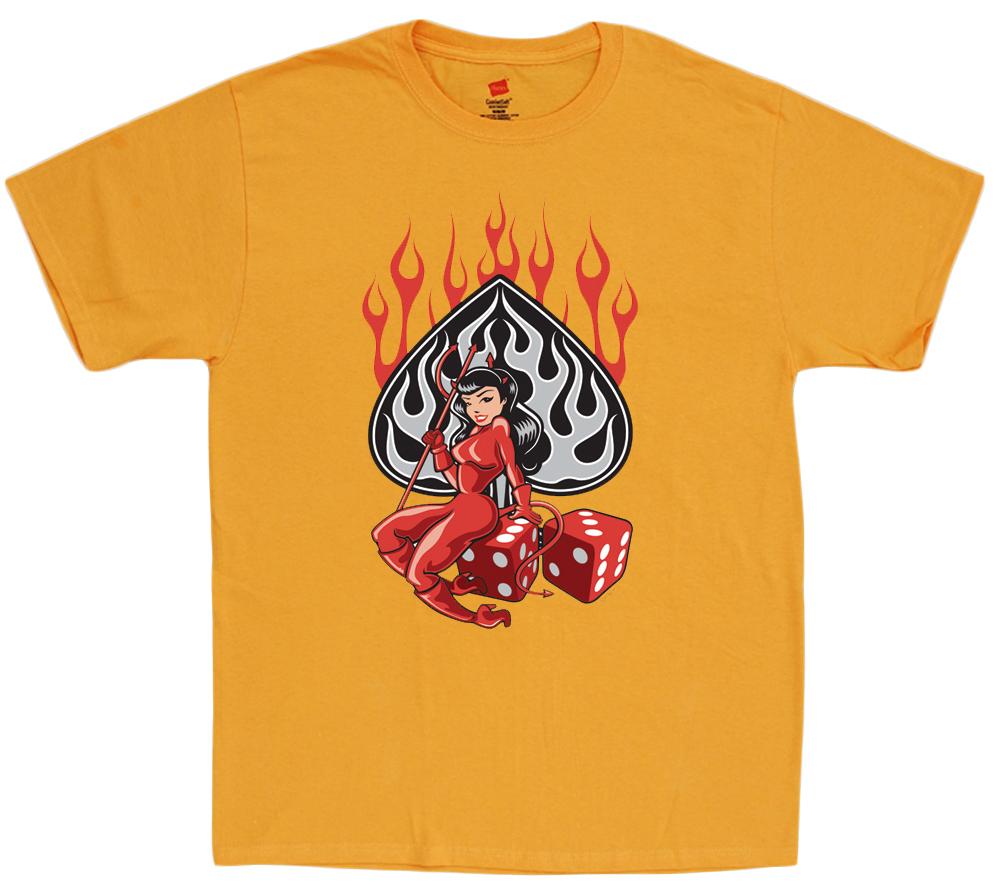 Men'S T-Shirt Devil Girl Dice Checkered Flag Rockabilly Racing Tee Shirt Yellow