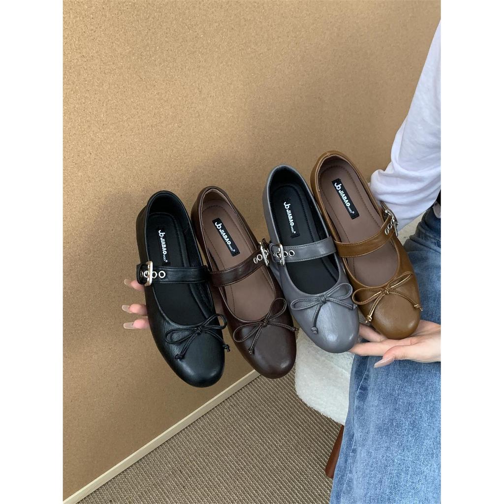 Vintage Vielseitiger Abendwind Ein-Wort Schnallenriemen Runde Spitze Mary Jane Schuhe Pendler 2025 Herbst Kleine Lederschuhe Ballerinas
