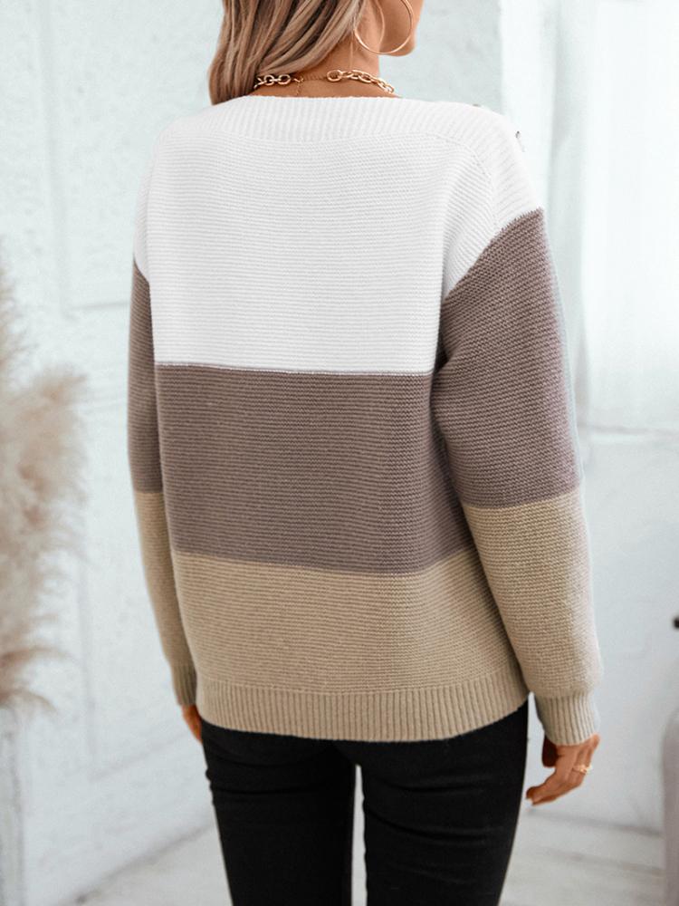2024 Autumn/Winter New Women's Elegant Color Blocked Knitted Hoodie Casual Loose One Shoulder Button Spliced Knitted Hoodie
