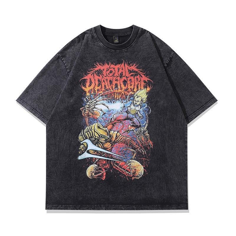 European, American High Street Washed Retro Old Short-Sleeved T-Shirt Couple Animation Direct Injection Printing Loose Bottoming Shirt Men