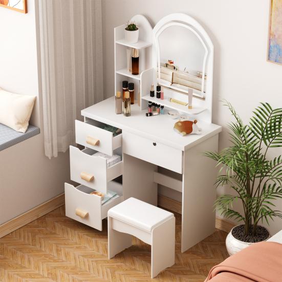 Makeup Vanity Desk with LED Lighted Mirror, Vanity Table with 4 Drawers and Opening Shelves, Bedroom Dressing Table with Stool