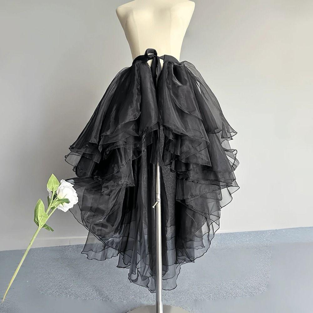 Irregular Hem Three-tiered Crinoline Lightweight Lace Ruffles Skirt Trailing Skirt Stage