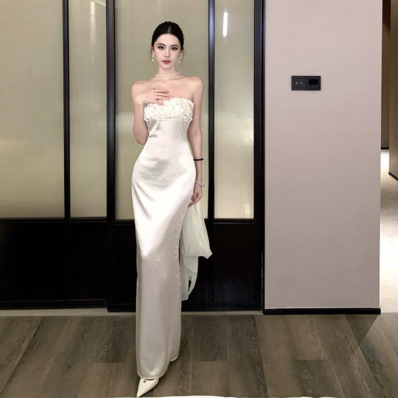 White dress women's high-end French evening dress heavy industry sequined satin tube top hip birthday skirt