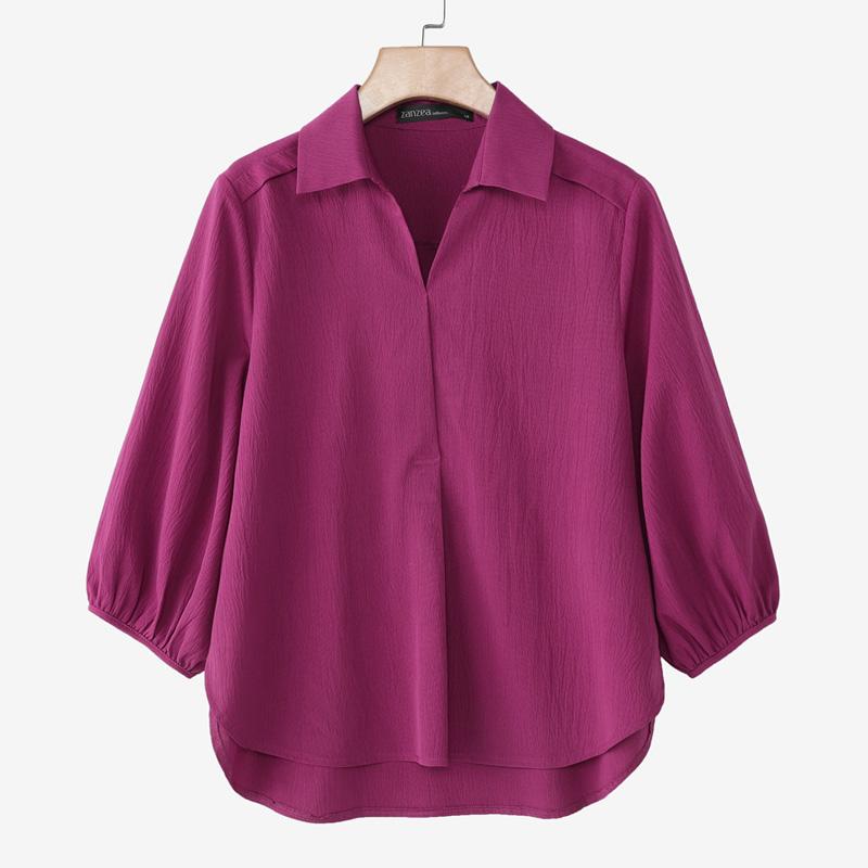 

ZANZEA Женская повседневная блузка свободного кроя с отложным воротником и рукавами 3/4 S темно-розовый