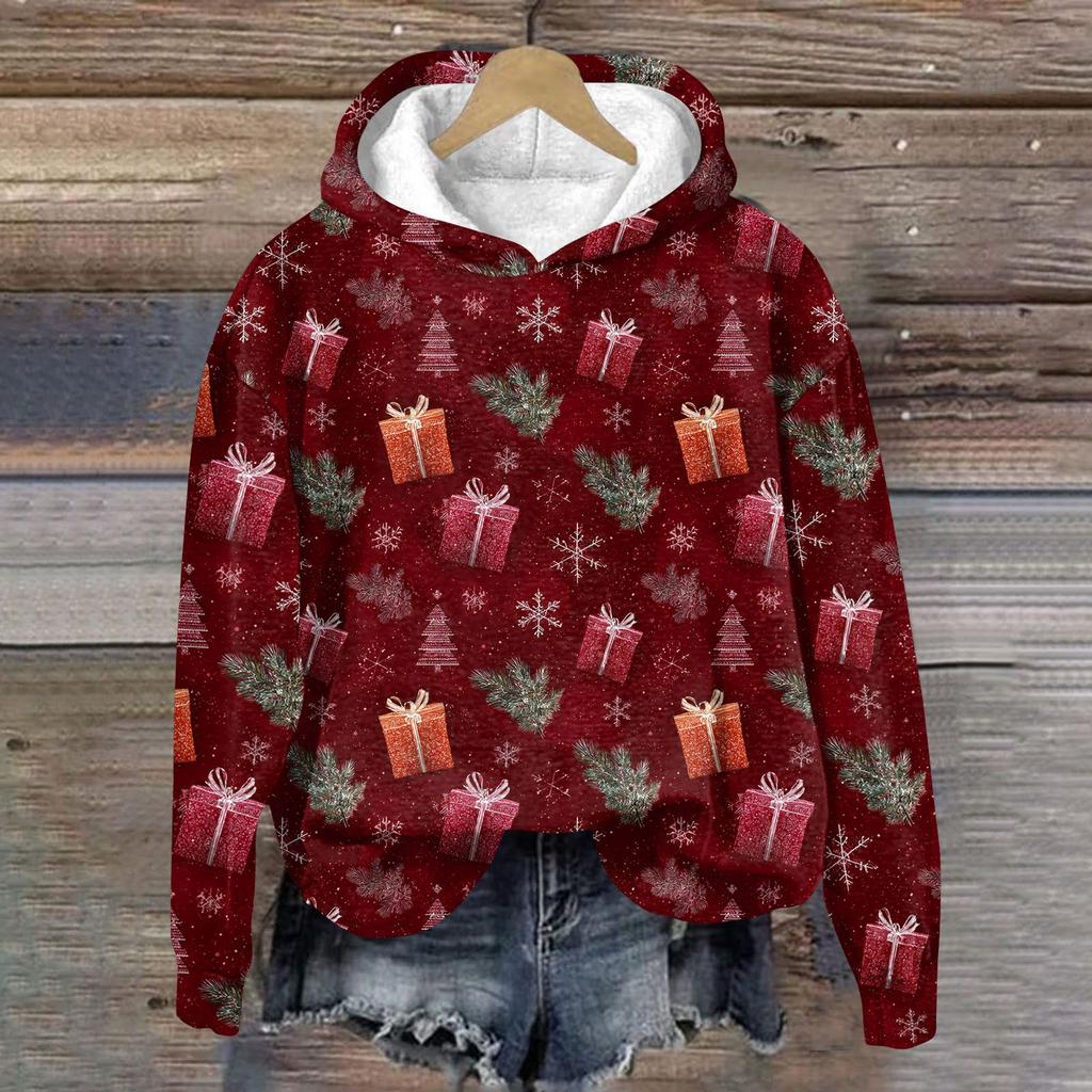 Damenmode Langarm Weihnachtsprint Lockerer Kapuzenpullover Top