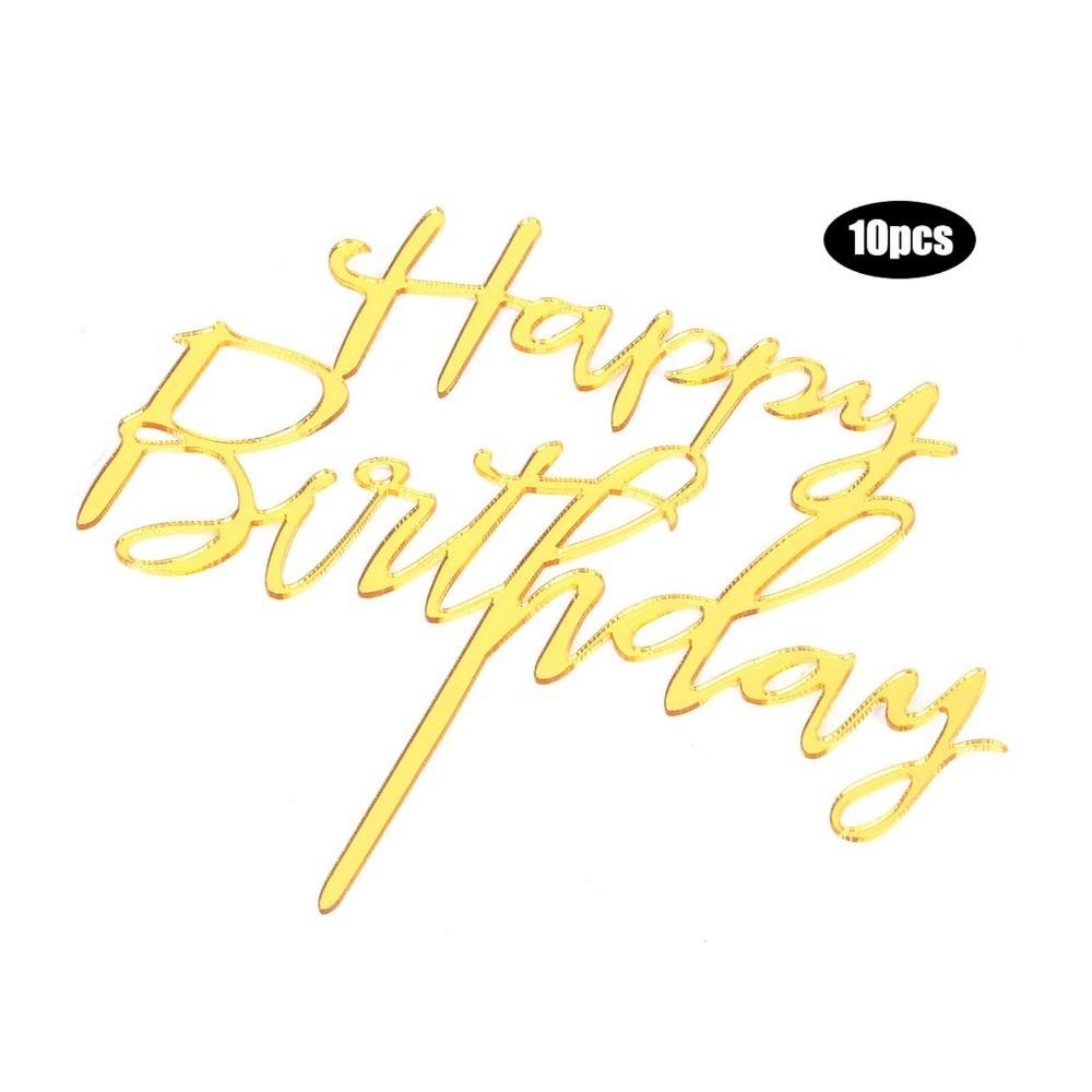 10pcs Acrylic Acrylic Cake Topper Flag Style Gold Insert Card Flag Script Lettering Long Insert Stick Birthday Cake Decorations