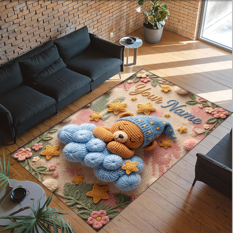 Teddy Bear Theme Crystal Velvet Rug Personalized Custom Name Text Soft Floor Mat Home Decor