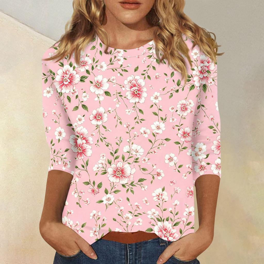 Damen Casual Oberteil mit Dreiviertelärm, Blumenprint, Rundhalsausschnitt, Lockerer Schnitt, Leichter Pullover-Bluse für den täglichen Gebrauch