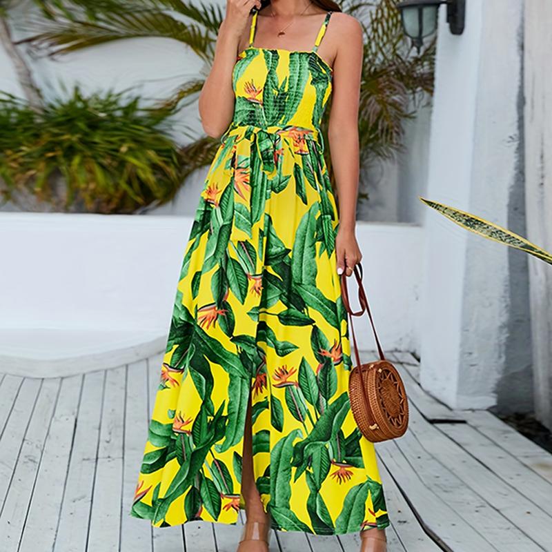 Dámské letní plážové šaty v bohémském stylu s potiskem rozdělených listů