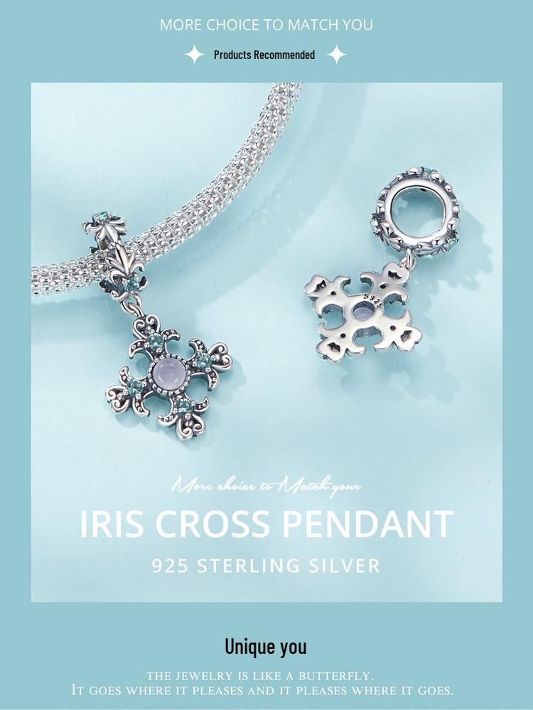 Retro Iris Cross Pendant in S925 Sterling Silver with Platinum-Plated Beads for DIY Jewelry