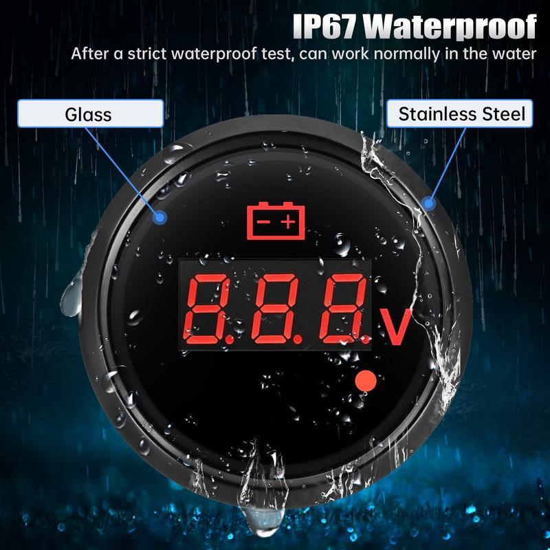 8-32V,28-48V 52mm Voltmeter with Warning Red Light Digital 52mm Voltage Car Gauge Waterproof Auto Marine Yacht 12V24V36V