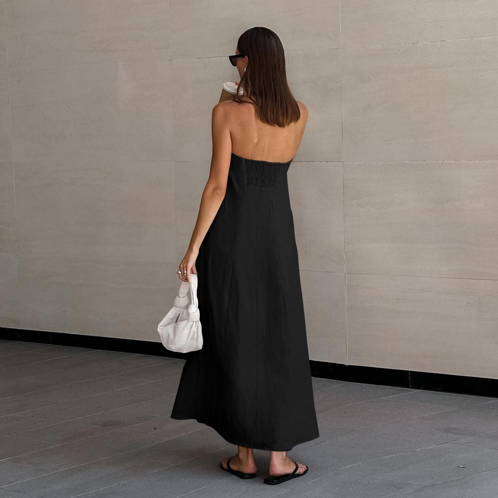 LYRIA French Khaki Cotton Linen Strapless Vacation Style High-waist Dress Backless European and American Summer New Style Long Dress for Women
