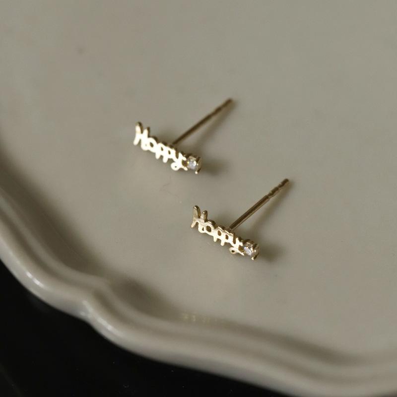 

925 Sterling Silver European Simple English Letters Happy Stud Earrings Women Classic Fashion Commemorative Jewelry Gift Gold