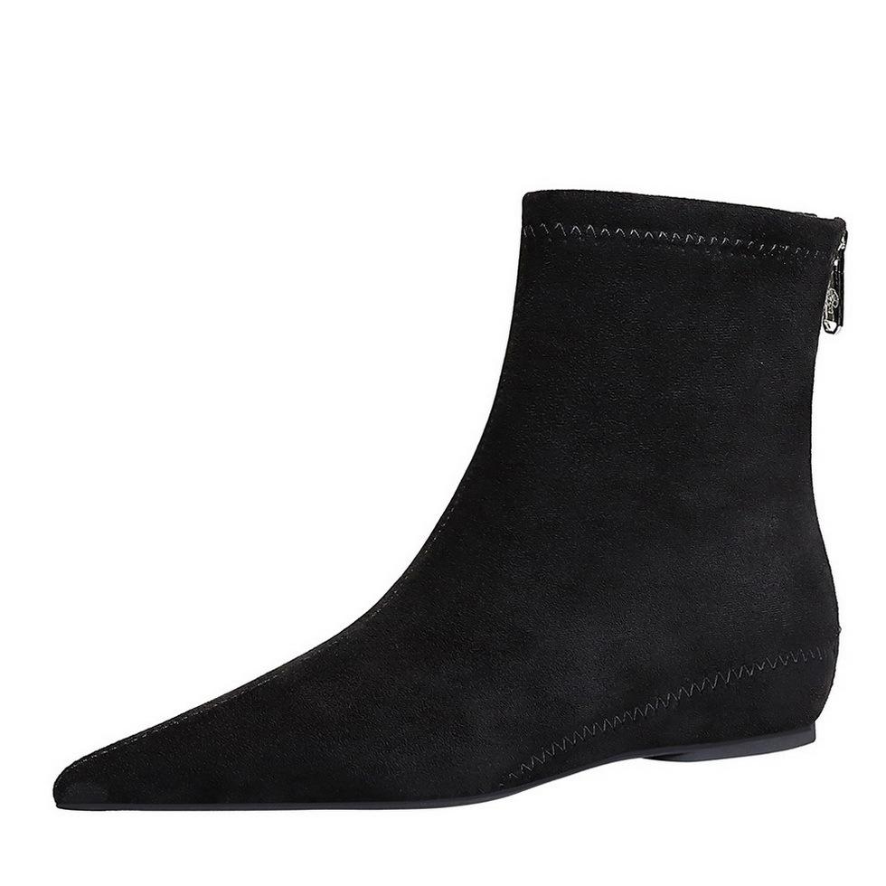 Stilvolle und schlichte Damen mit niedrigen Absätzen, Keilabsatz mit innerer Höhenerhöhung, spitze Pediküre und dünne Wildleder-Shorts