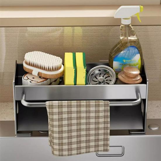 Draining Rack Kitchen Sink Organizer Anti-Rust Carbon Steel Structure Self-Draining Design Towel Rack Sponges Soap Detergent Bottle Holder