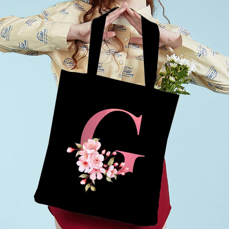 Pink Sakura Handbags Women Eco Reusable Tote Bag Cherry Blossom College Canvas Bag Vintage Sakura Alphabet Ladies Shoulder Bag