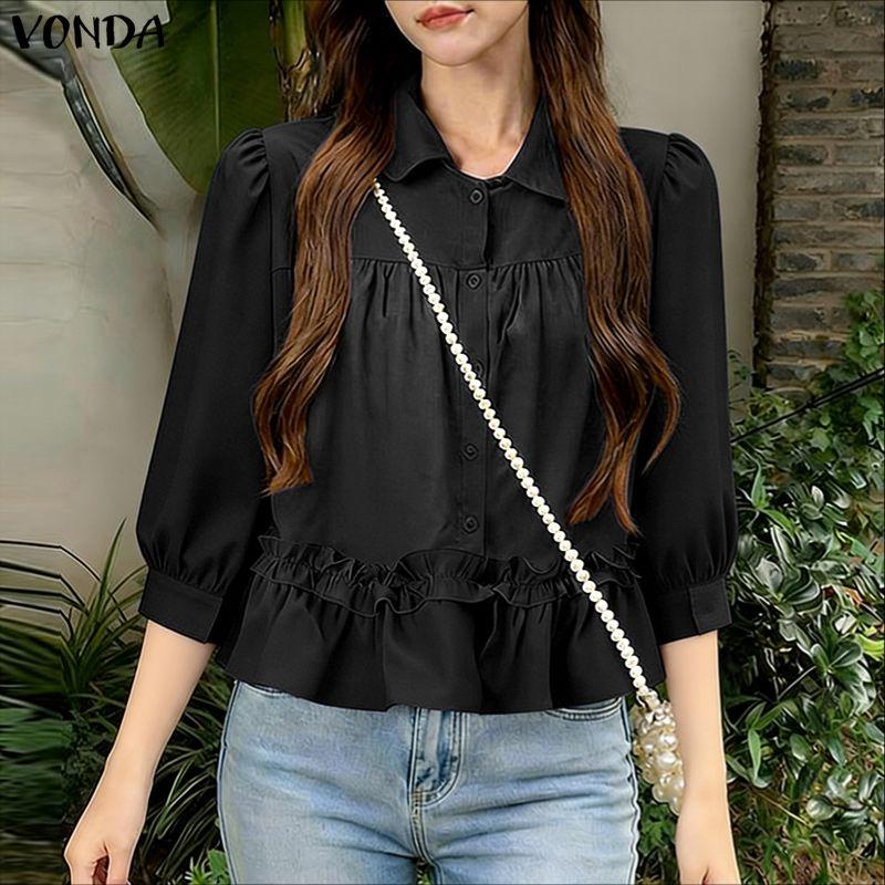 VONDA Summer Women Lapel Neck 3/4 Sleeve Ruffled Casual Blouse Tops