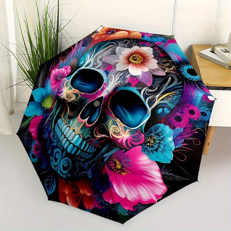 1pc Skull Flowers Automatic Open/Close Umbrella, Portable Folding Umbrella for Travel, Themed Events, It is suitable as a gift for various festivals,