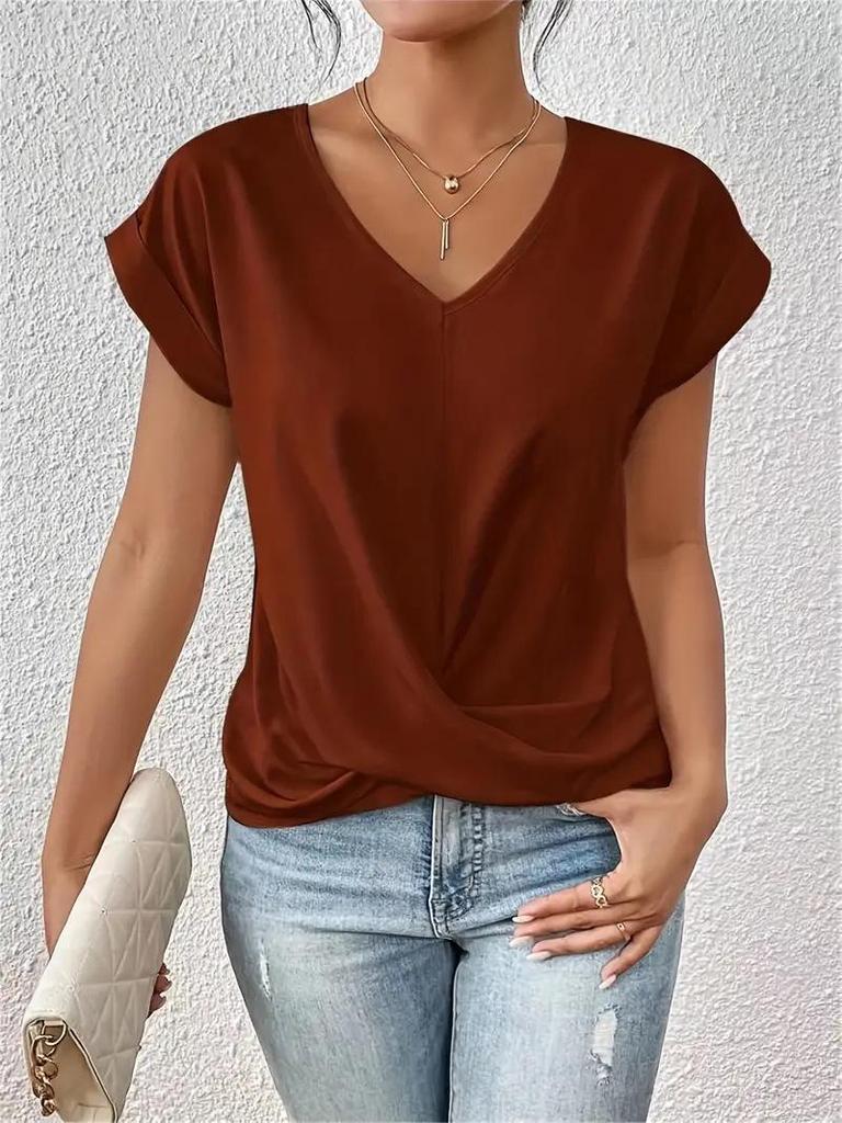 2025 Bestseller Women's Solid V-neck Short-Sleeve T-shirt - Elegant Spring/Summer Top