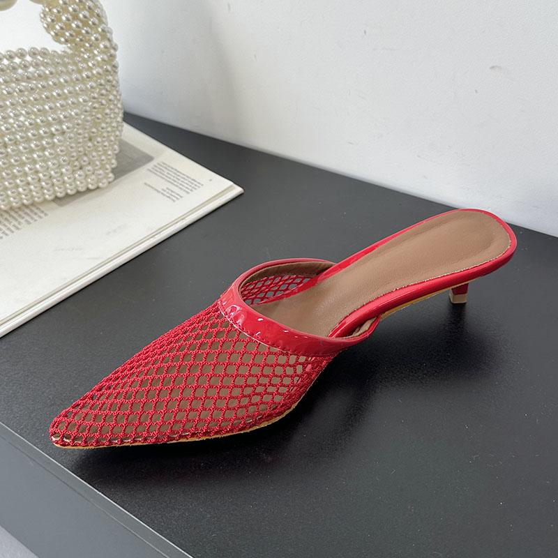 Fashion Pointed Toe Fashion Mesh Women Heeled Slippers Shoes Mules Ladies Low Heel Slippers Female Slides Sandals Pumps Big Size 43