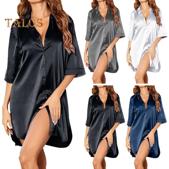 Damen Sommer Nachthemd Halbarm Hemdtyp Revers Einreihig Locker Einfarbig Satin Locker Geteilter Saum Homewear Schlafkleid Nachtwäsche