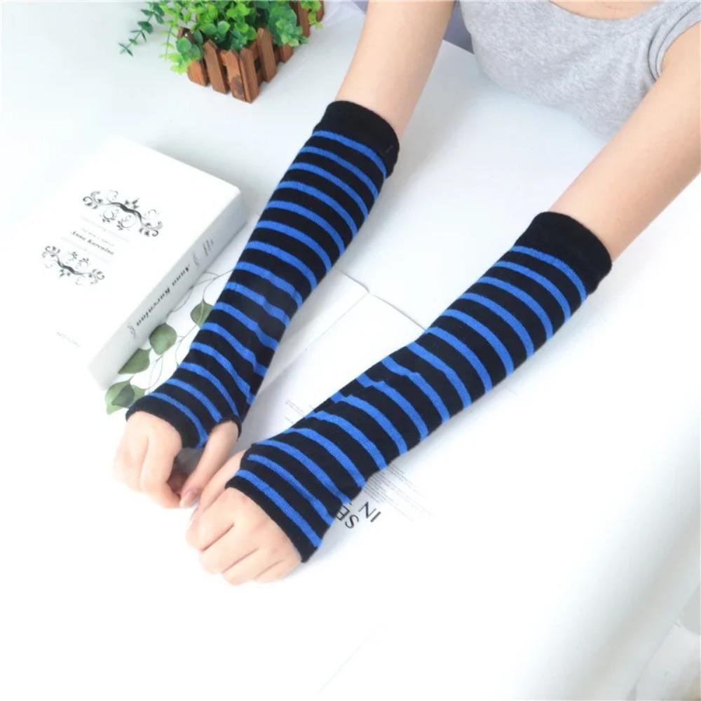 Men Women Winter Warm Long Sleeves Fingerless Gloves, Stripe Hip-Hop Knitted Elbow Mittens, Elastic Outdoor Arm Warmer Mitts