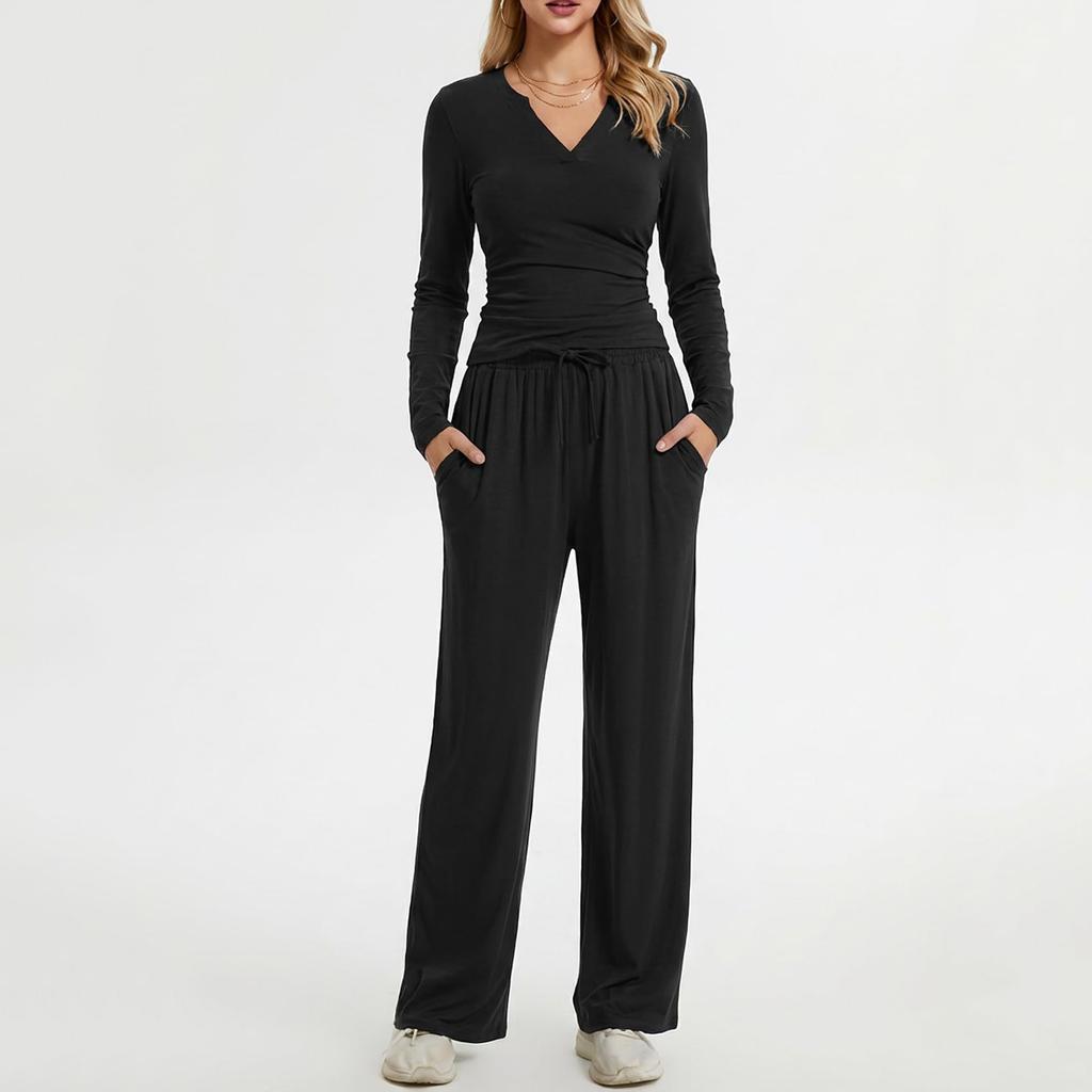 Women's Long Sleeve V Neck Pullover Top and Wide Leg Pants Lounge Set Casual Two Piece Outfit Soft Fabric Relaxed Fit