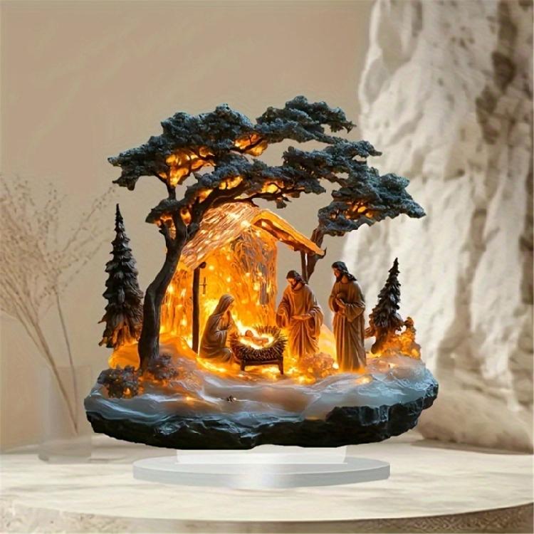 Christmas Nativity Scene Acrylic Tabletop Figurine with Base Religious Story Holy Family Statue for Indoor Decoration