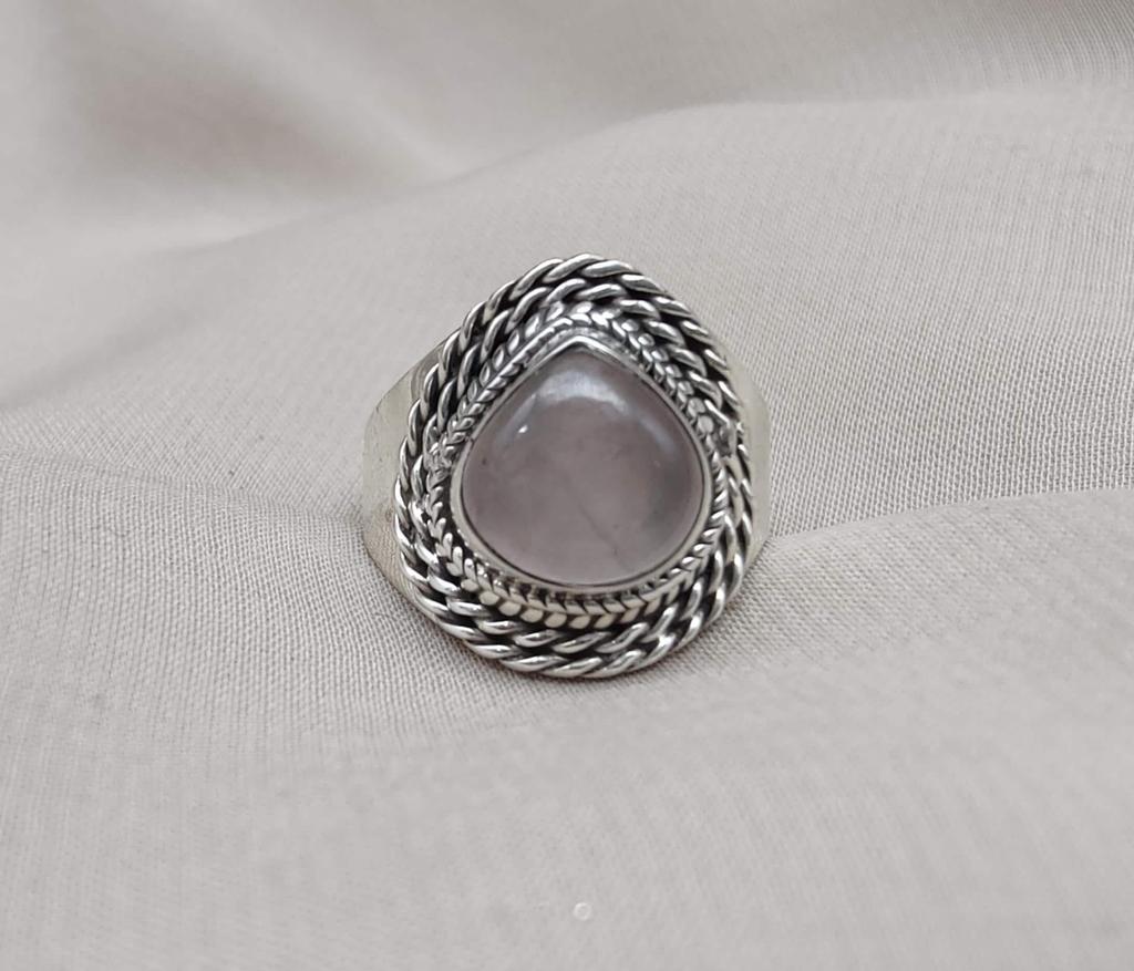 Rose Quartz 925 Sterling Silver Ring: Handmade Boho Cabochon Jewelry