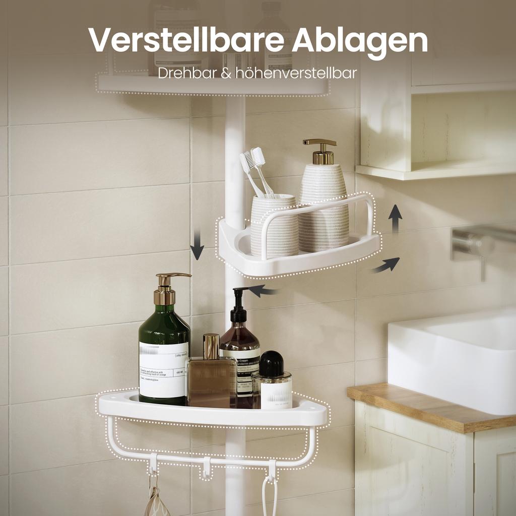 SONGMICS 4-Tier Shower Caddy, Corner Bathroom Shower Shelf, with Towel Bar, Adjustable Height, Rust-Resistant Steel, White
