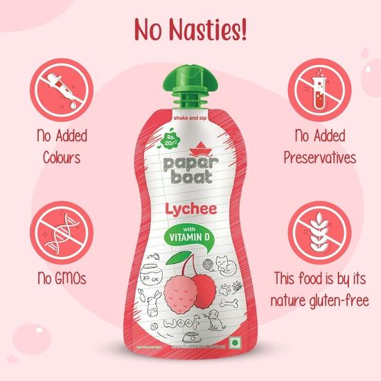Paper Boat Lychee Juice, Litchi Jelly Drink Enriched with Vitamin D, No Added Preservatives and Colours (Pack of 9, 150ml Each), Pink