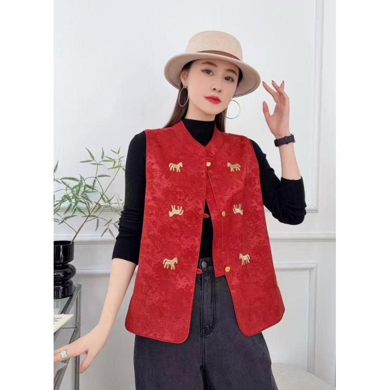 

Stylish Chinese Stand Collar Vest for Women: Slimming, Versatile Spring/Autumn Wear with Frog Button Print 4XL suitable for 150-160 jin красный