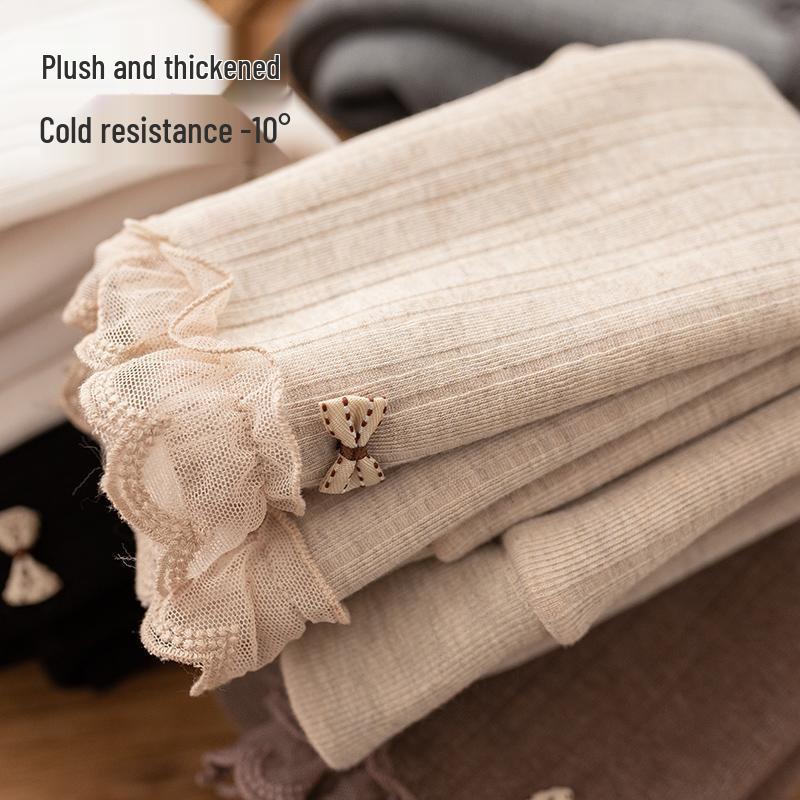 Winter Stripe Lace Fleece-Lined Thick Leggings for Baby Girls - Fashionable, Warm Autumn Style