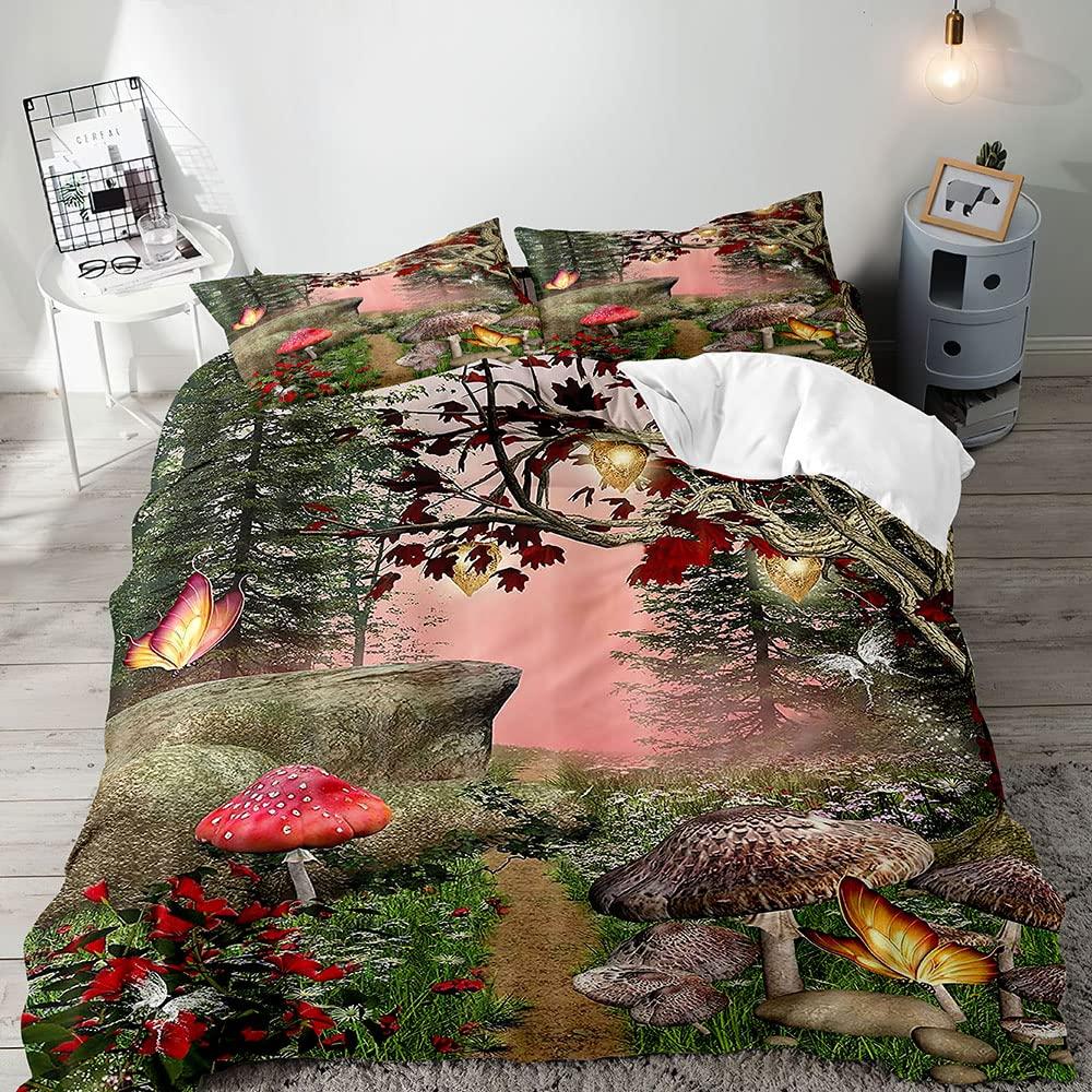 Trippy Mushroom Duvet Cover Set,Hippie Skull Bedding Set,Butterfly Moth Moon Phase Constellation Astrology Botanical Boho Theme