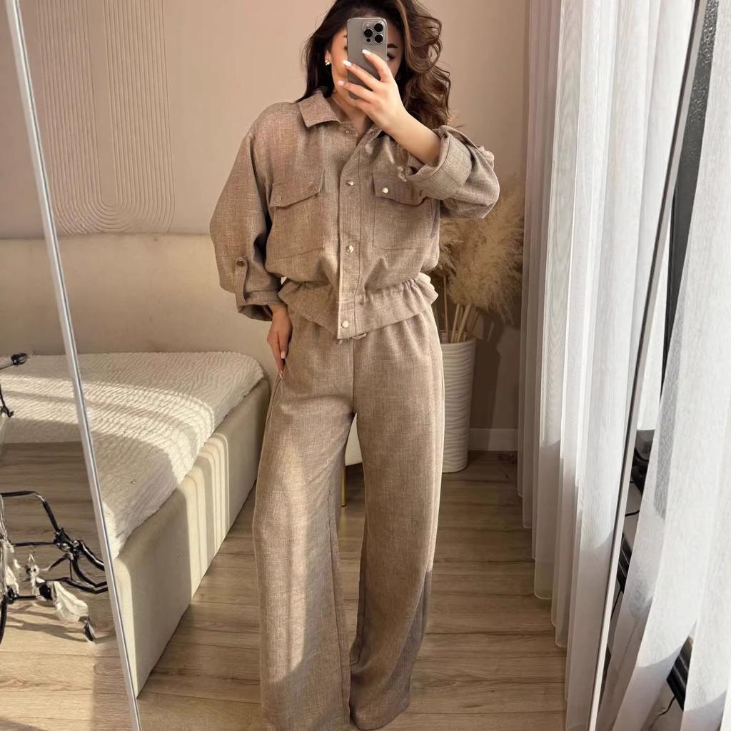 Cross-border European and American women's clothing Amazon sexy lapel button slim-fitting versatile jacket wide-leg pants set