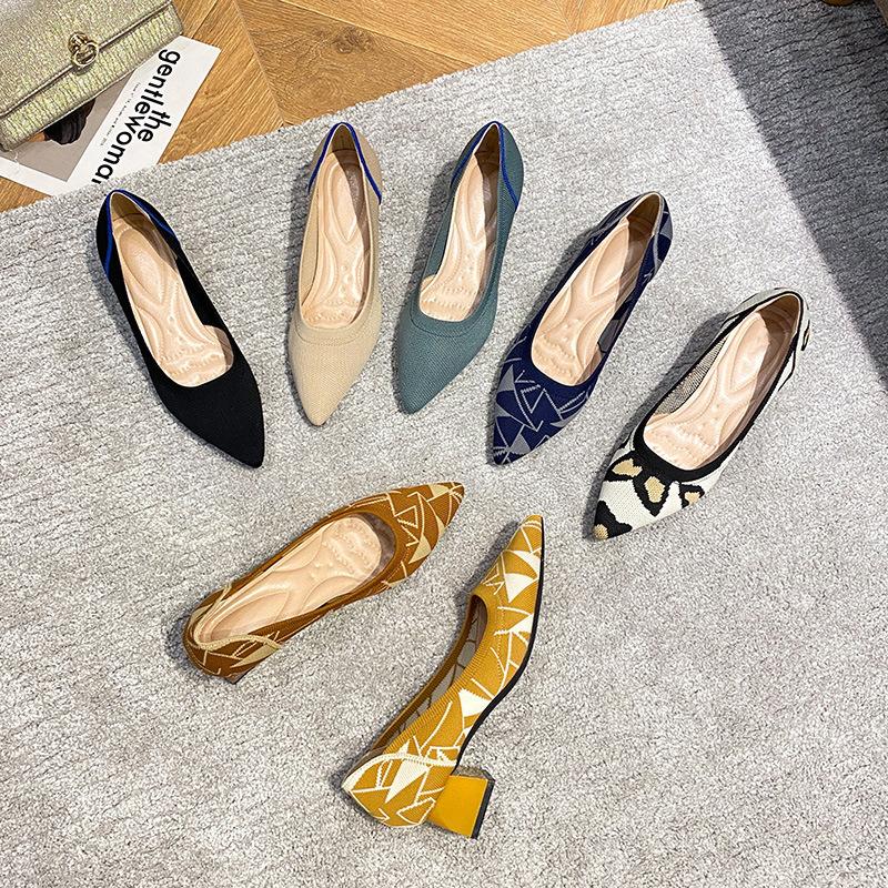 High Heels Einzelne Schuhe Leopardenmuster Fliegendes Gewebe Spitz Zehen Dicke Ferse Leichter Mund Mittelhohe Ferse Gewebte High Heels Damen