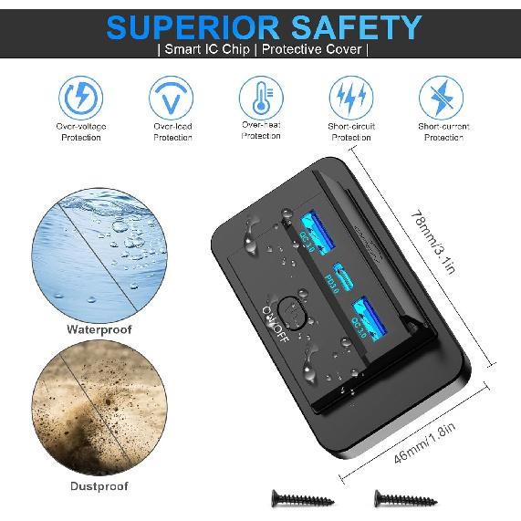 2PCS 3 Ports 12V RV USB Outlet 72W, Gibbab Dual USB QC3.0 36W & PD3.0 Type-C Quick Charge 36W Panel Wall Mount, Automotive Car Socket Charger Adapter