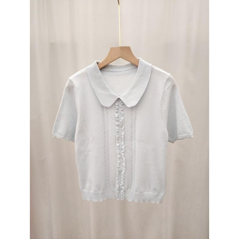 Sweet Wooden Ear Sleeve Short-Sleeved Knitted T-Shirt for Women - Summer New Design - Casual and Versatile Baby-Style Top