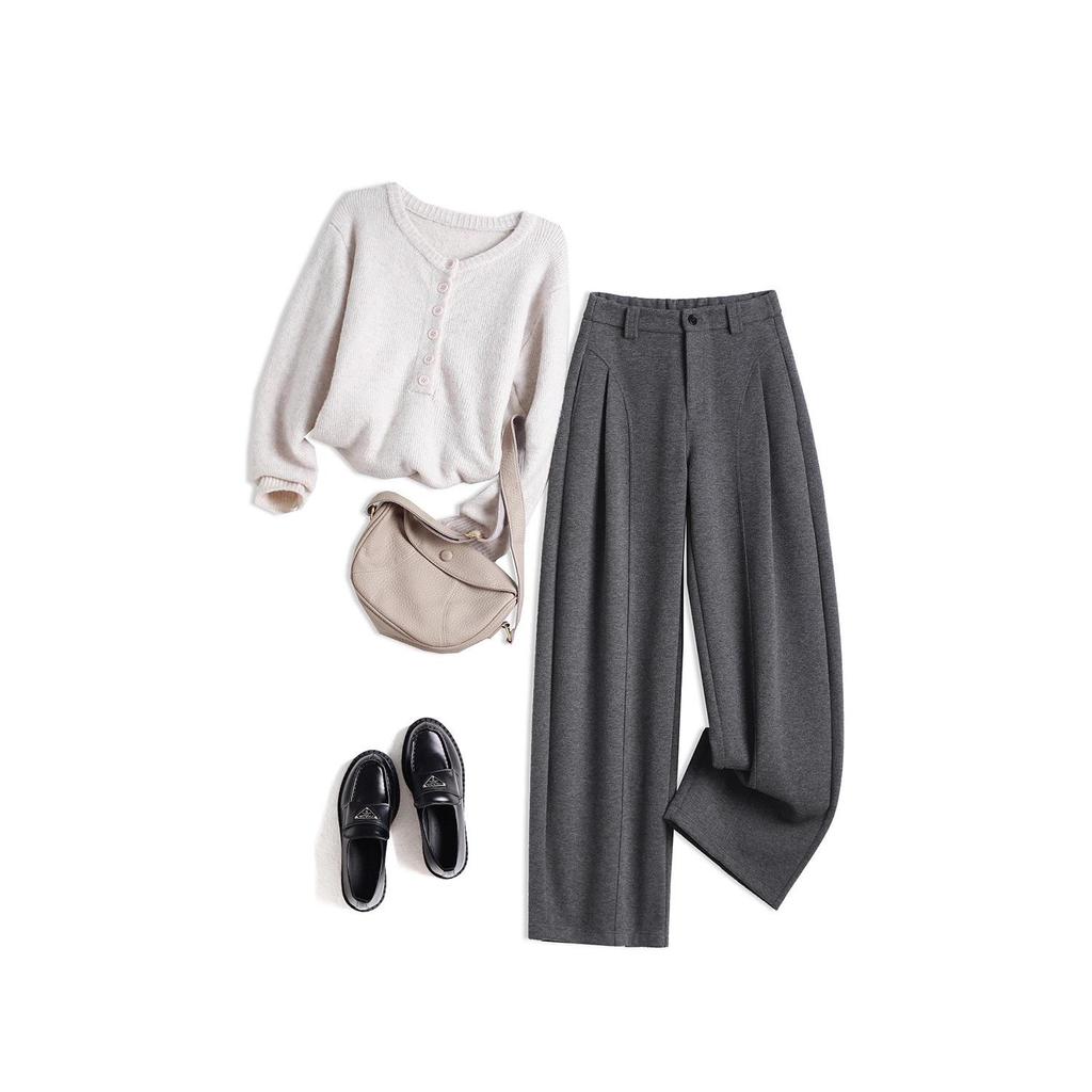 Mulberry Silk Wool Wide-Leg High Waist Pants for Women - Autumn/Winter Casual Drape with Velvet Lining.
