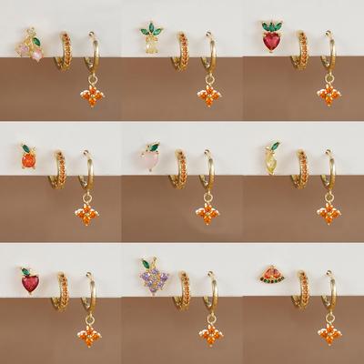 3-teiliges Set Hängende Ohrringe mit Anhänger Blume aus Edelstahl und Zirkonia für Damen Niedliche Früchte Dangle Ohrringe Piercing Schmuck