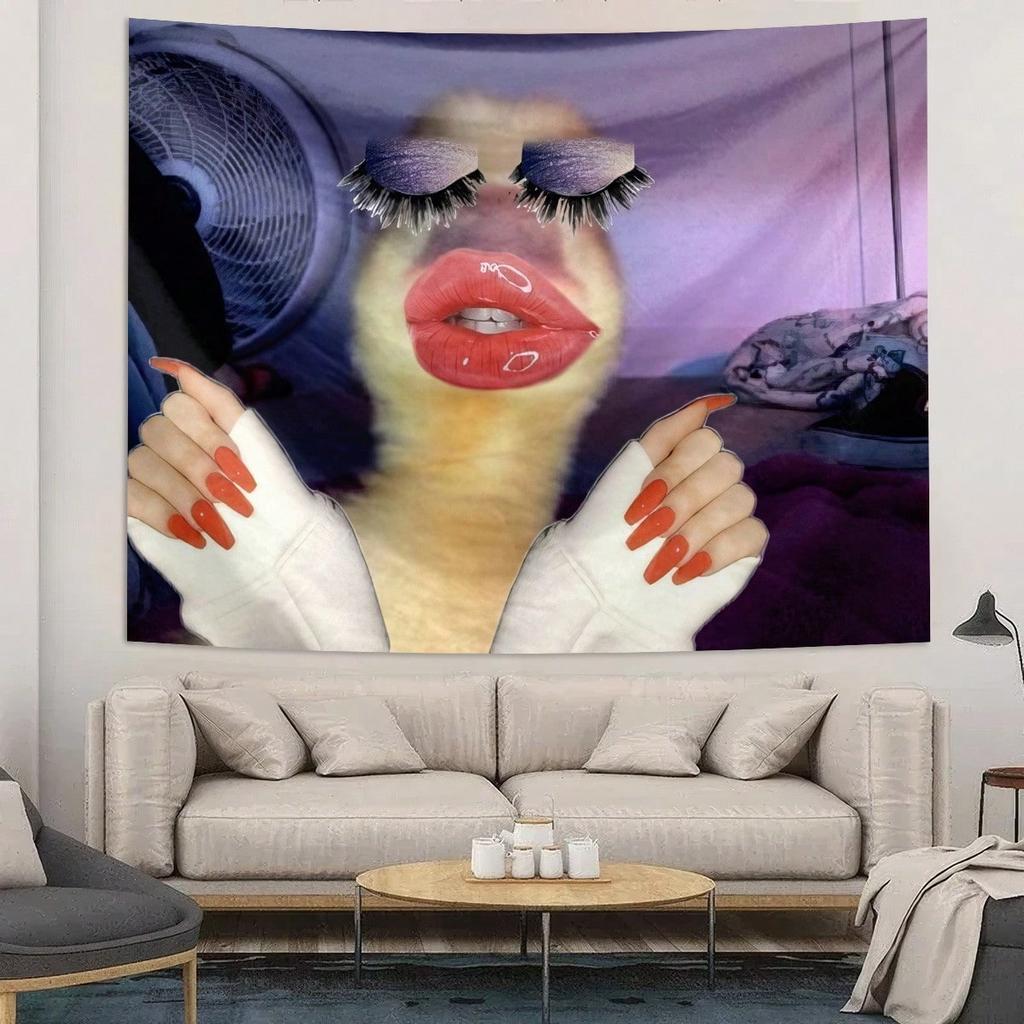 Funny Lipstick And Nail Polish Duck Print Tapestry Funny Animal Expression Wall Room Decoration Wallpaper Tapestry Beauty