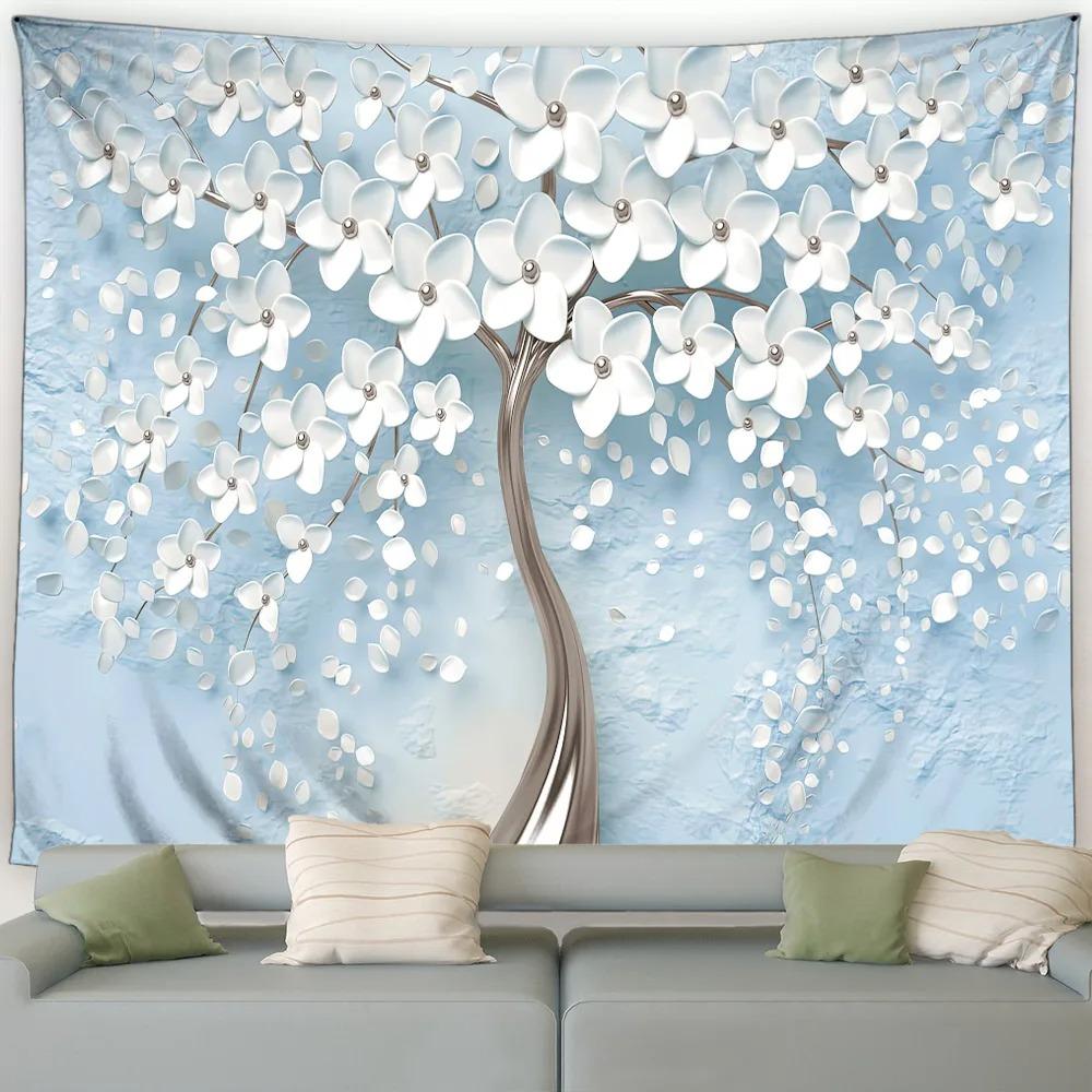 White Flowers Golden Tree Trunk Creative Decorative Tapestry Home Wall Living Room Office Decorative Tapestry