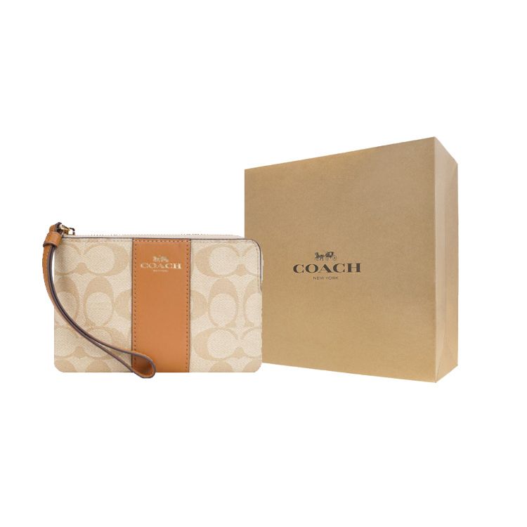 Coach Corner Zip 16 Classic Coated Canvas Leather Mahjong Clutch Women Clutch Brown Khaki 58035-IMNLJ