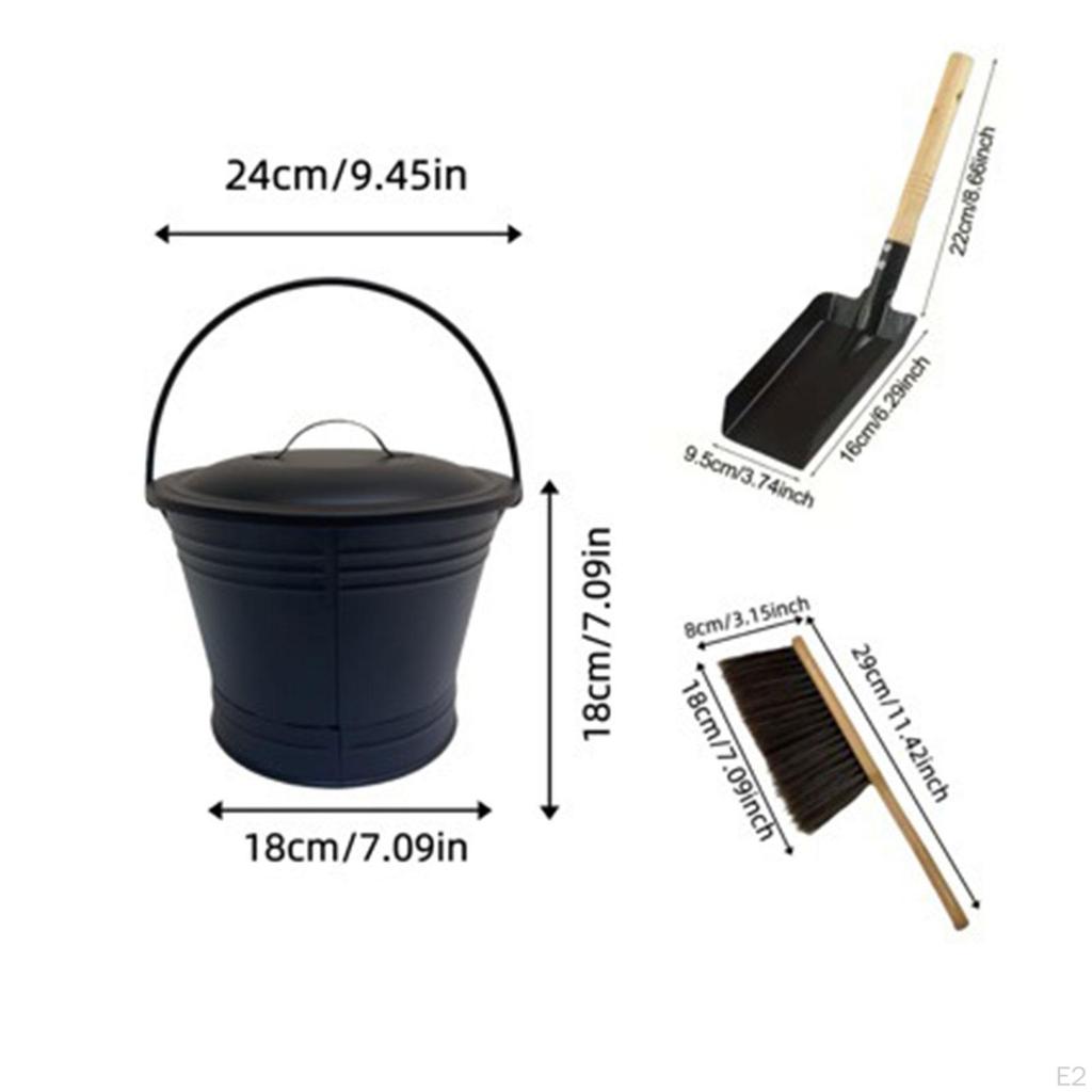 Ash Bucket with Lid,with Spade and Hand Broom,Essential,Fireplace Tools,Ash Pail,Metal,for Indoor