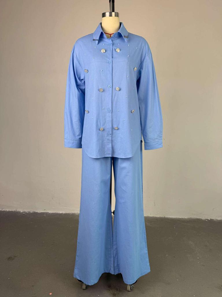 European & American Women's 2025 Summer Two-Piece Set: Sweet Fresh Lapel Beaded Shirt with High Waist Straight Leg Pants.